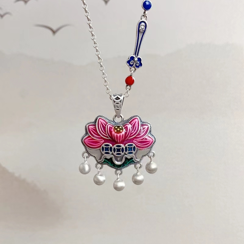 S925银粉莲花流苏烧蓝工艺吊坠