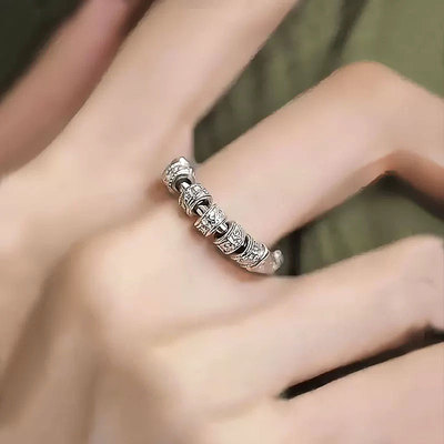 925银唐草纹路路通算盘开口戒指