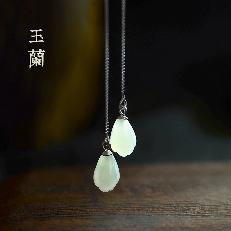 小玉蘭花925銀民族風和田玉耳線