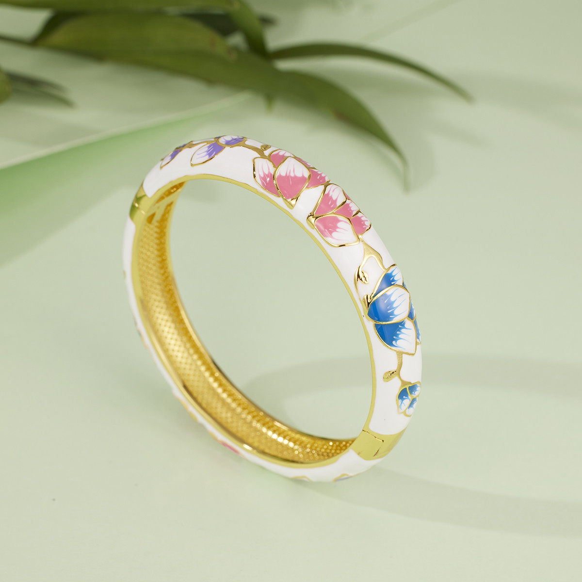 景泰蓝国风925银荷叶手镯掐丝珐琅彩滴釉青花瓷宫廷风女旗袍手镯