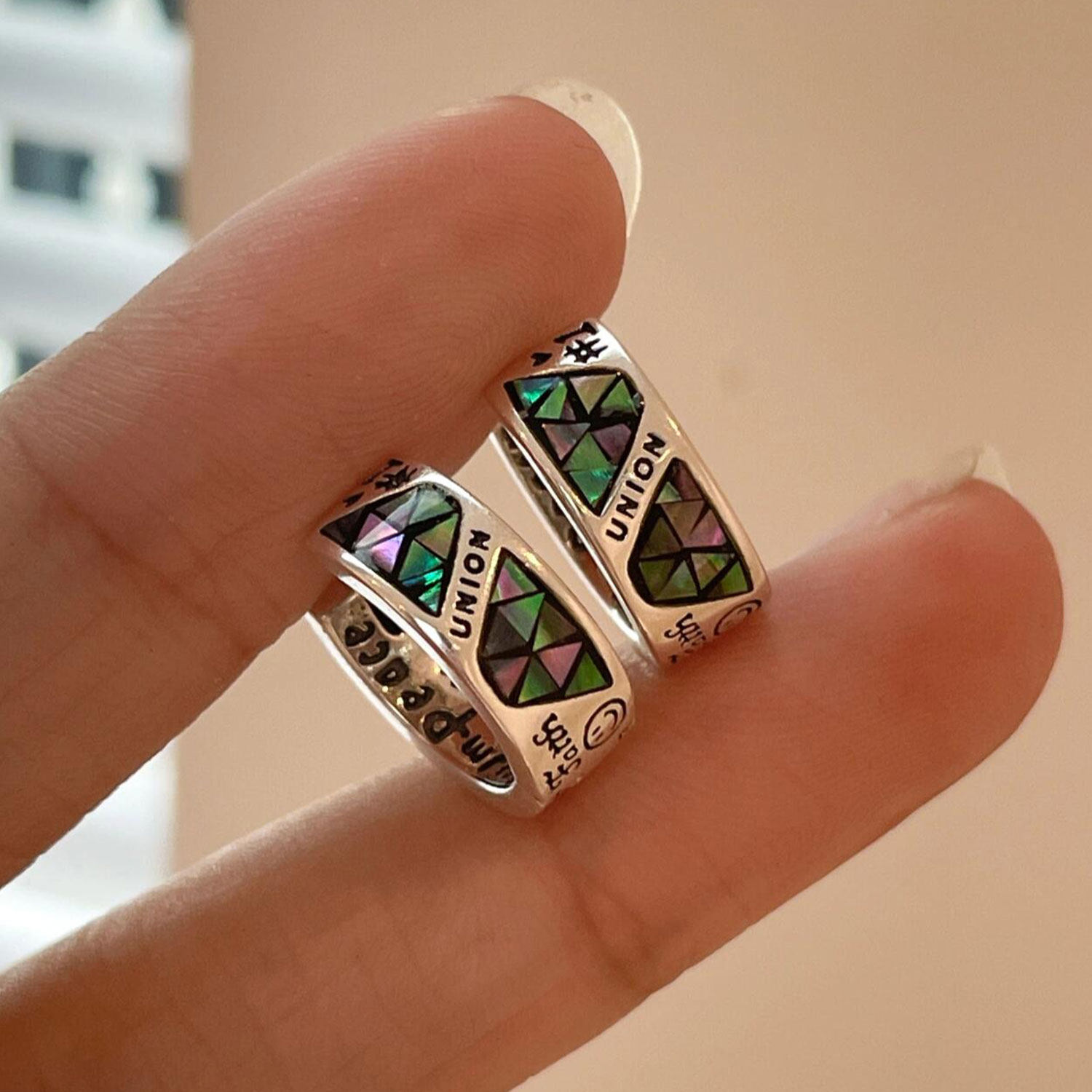 复古925银彩贝涂鸦时尚耳环女
