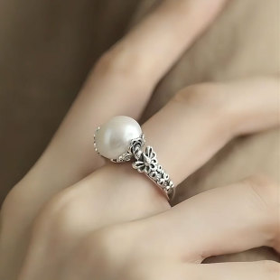 格桑花珍珠戒指925银女新中式国风小众轻奢镂空活口可调节食指戒
