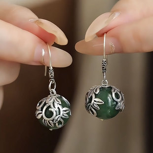 复古925银叶子花纹镂空碧玉圆珠耳环女新中式国风小众设计耳饰