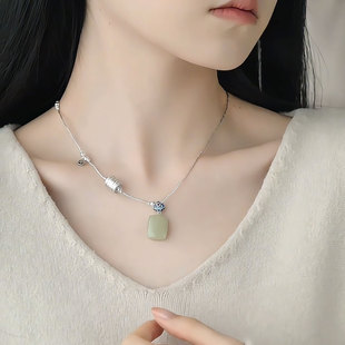 925银烧蓝花朵无事牌吊坠新中式复古和田碧玉国风高级感玉牌项坠