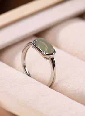 方条青玉925银民族风可调节戒指