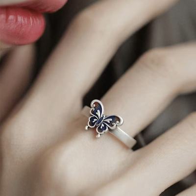 复古925银景泰蓝蝴蝶开口戒指女