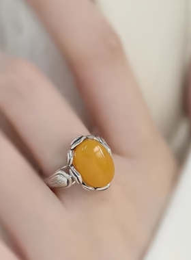 复古925银莲花蜜蜡蛋面戒指女