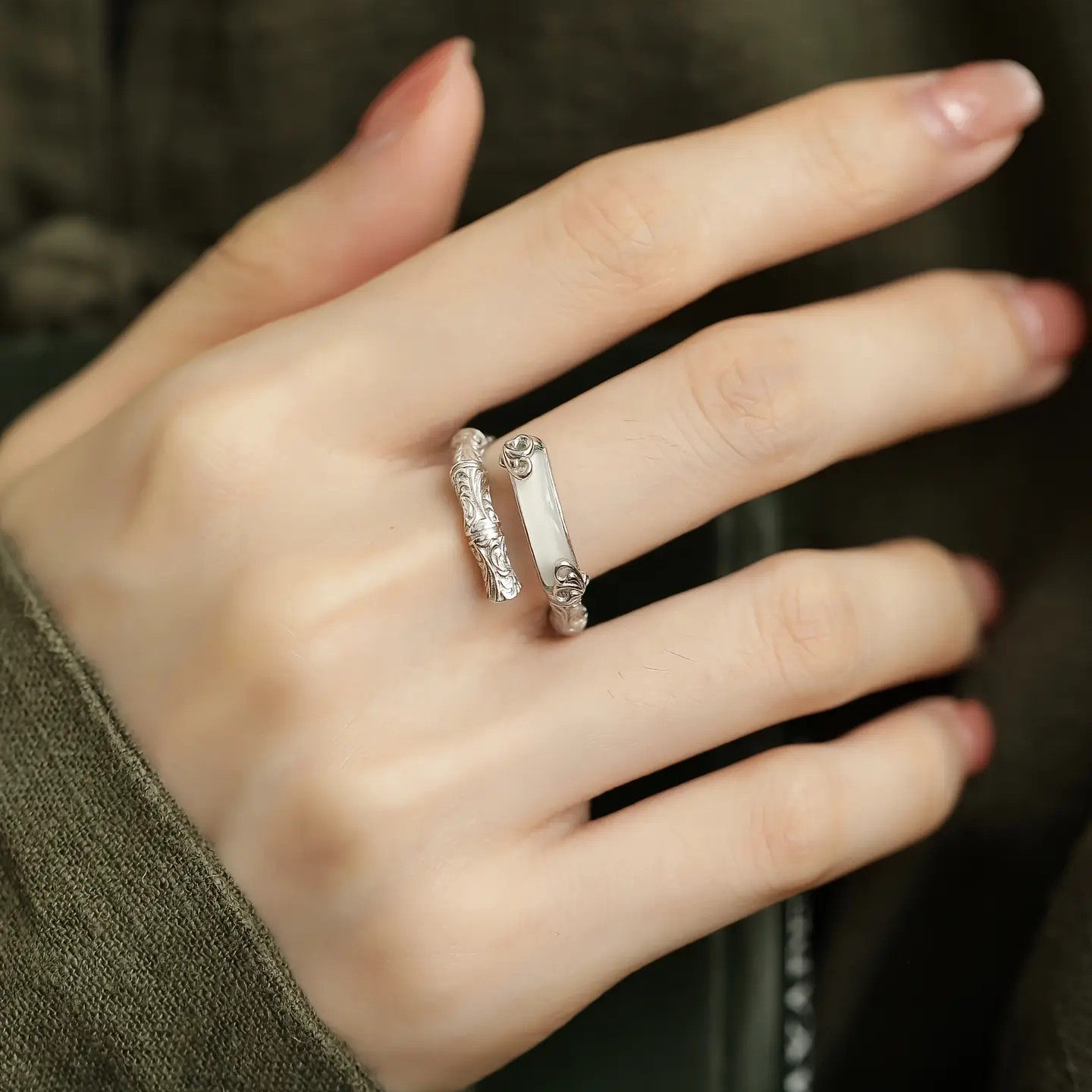 925银唐草纹竹节戒指女新中式民族风复古个性开口可调节食指戒