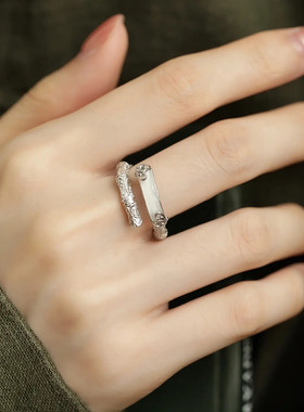 925银唐草纹竹节戒指女新中式