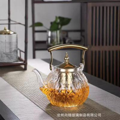 玻璃茶壶围炉煮茶钢漏壶茶壶家用耐高温烧茶壶菱形茶壶铜把提梁壶