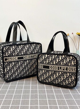 网红ins千鸟格化妆包R字母韩版化妆品收纳包时尚便携手提化妆包