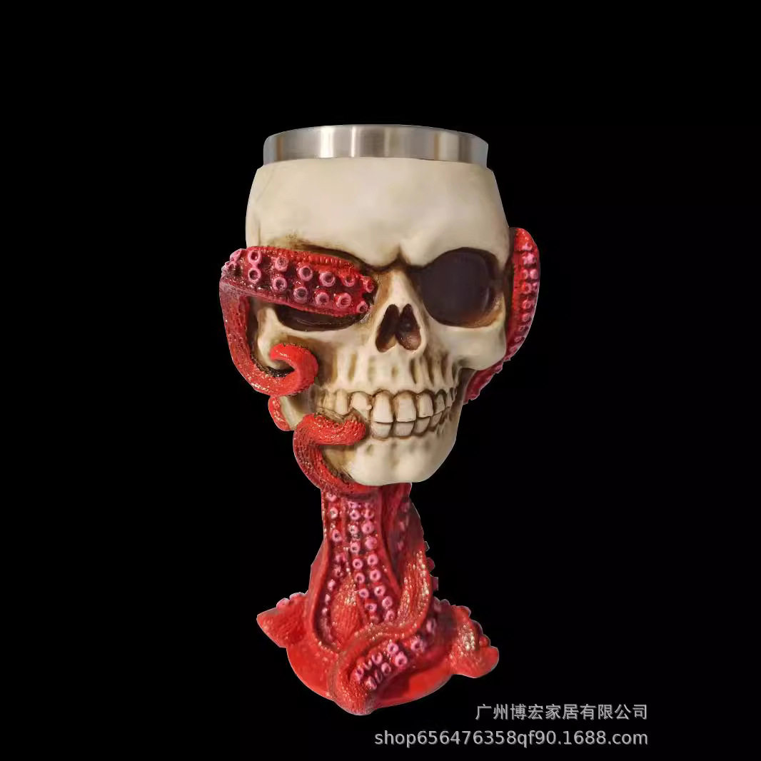 不锈钢啤酒杯高脚杯章鱼骷髅造型水杯万圣节礼物搞怪个性马克杯