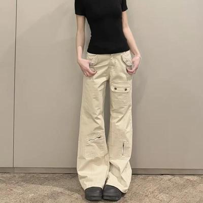 美式多口袋微喇叭工装裤女春夏新款小个子高腰显瘦休闲直筒阔腿裤