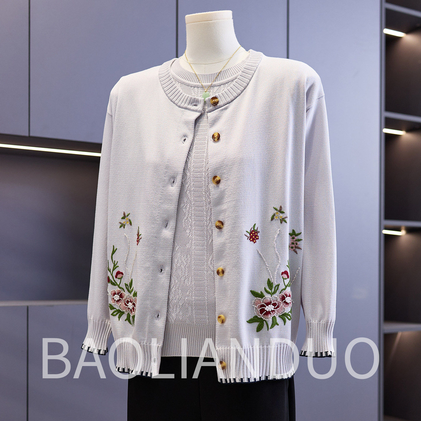 妈妈春秋装针织上衣两件套中年女装40岁50中老年洋气刺绣开衫套装