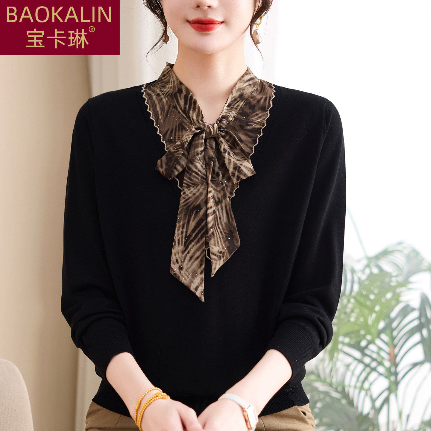 年轻妈妈春装新款假两件上衣中老年人女装时尚针织衫天丝T恤洋气