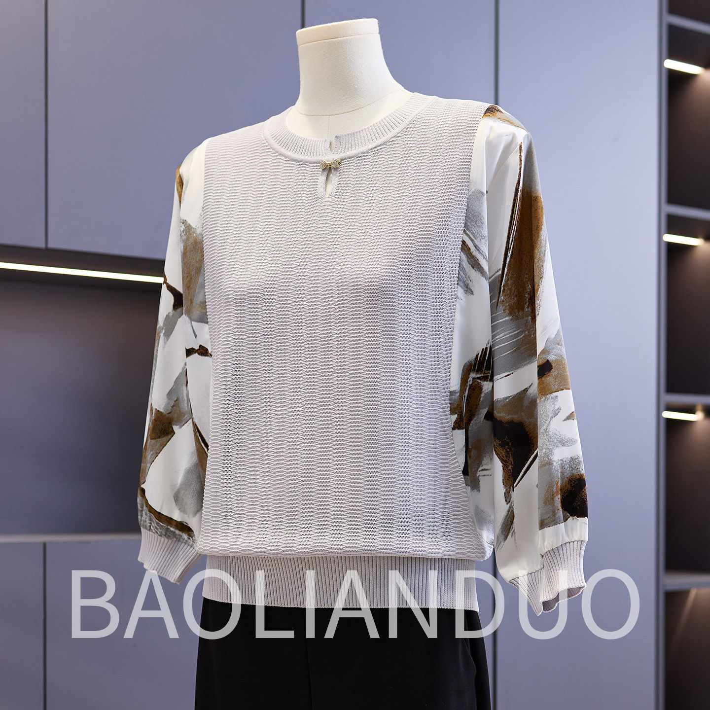 洋气妈妈春装印花针织衫中年女装七分袖上衣中老年春夏雪纺T恤衫