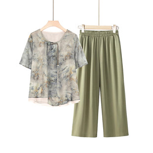 妈妈夏装2026新款雪纺套装中老年女装短袖碎花新中式t恤薄款上衣