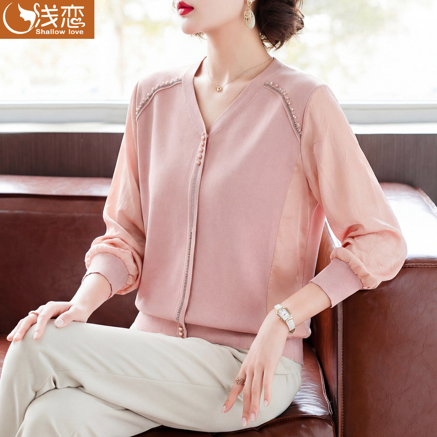 妈妈洋气减龄长袖上衣中年女装春装新款打底衫中老年春秋针织T恤