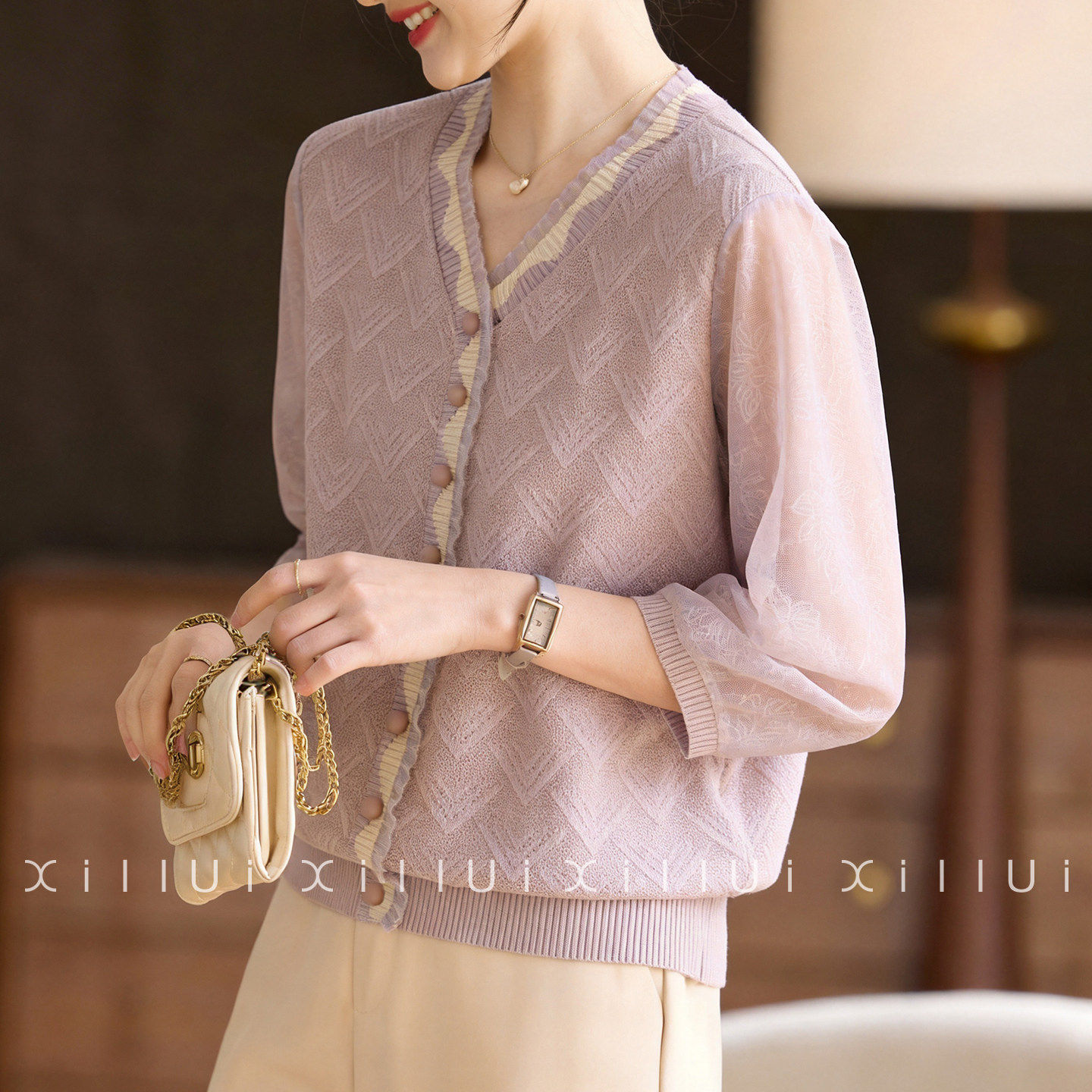 喜卉妈妈春装时尚纱袖上衣2026新款中年女装春季薄款针织小衫气质