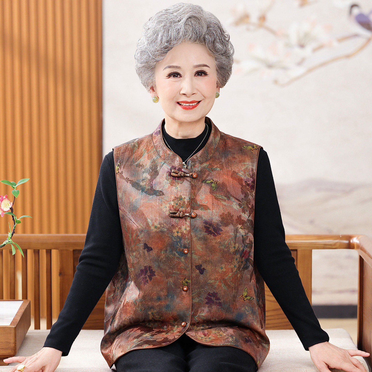 中老年人女装妈妈春秋装马甲背心奶奶唐装外套坎肩上衣老太太衣服