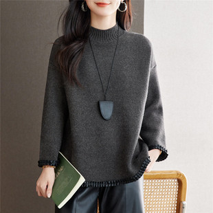 灰色半高领毛衣女款2025新款秋冬保暖宽松内搭中长针织衫打底上衣