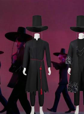 K-POP明星猎魔女团o服恶魔男团黑色印花沙加服角色舞台表演现货