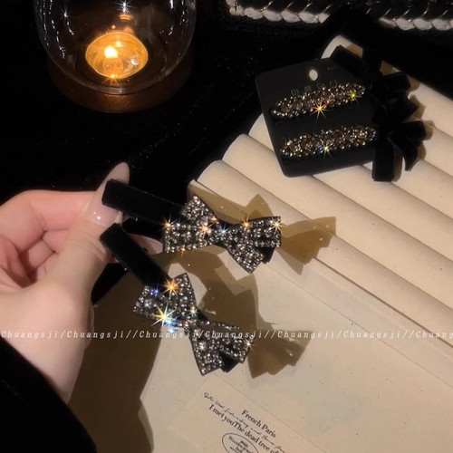 黑色丝绒发夹水钻蝴蝶结头饰