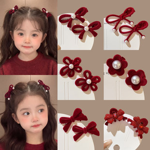 新年儿童发饰蝴蝶结红色发夹女童高级感前额侧边刘海夹发卡鸭嘴夹