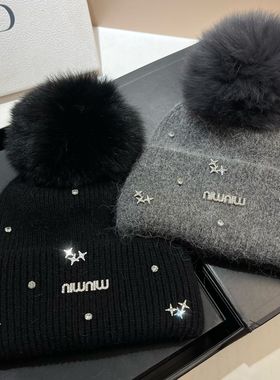 轻奢水钻min小香风设计款大毛球针织帽冬甜美毛绒保暖兔毛毛线帽