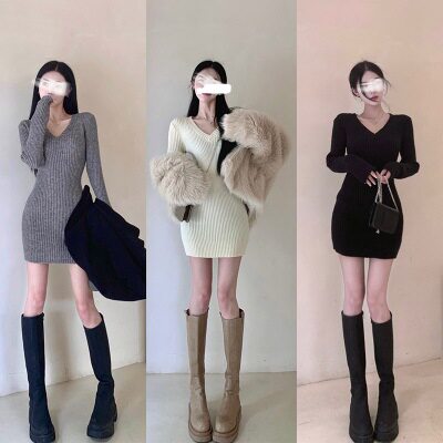 黑色v领针织连衣裙秋冬装女2023新款小个子辣妹气质内搭打底包臀