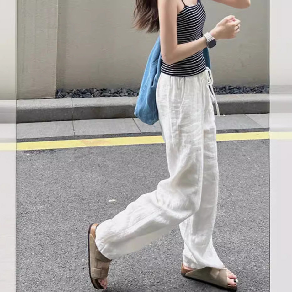 网红白色裤子女夏薄款棉麻宽松阔腿裤高腰小个子休闲裤软糯直筒裤