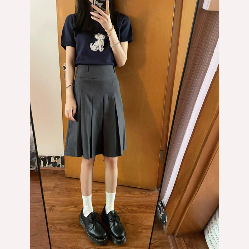春秋复古深灰色百褶半身裙女夏季学院风高腰中长款a字裙西装裙子