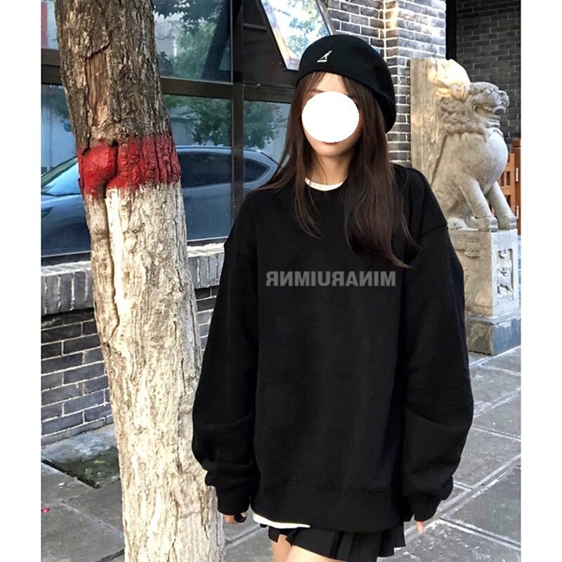 小个子高级感黑色正肩长袖卫衣女加绒华棉复合秋冬加厚中长款