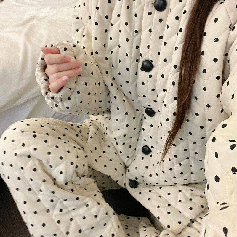 甜美少女波点夹棉家睡衣女冬季新款大码加厚保暖长袖长裤居服套装,女士内衣/男士内衣/家居服,睡衣/家居服套装,淘宝优惠券,粉丝福利购,淘宝优惠卷