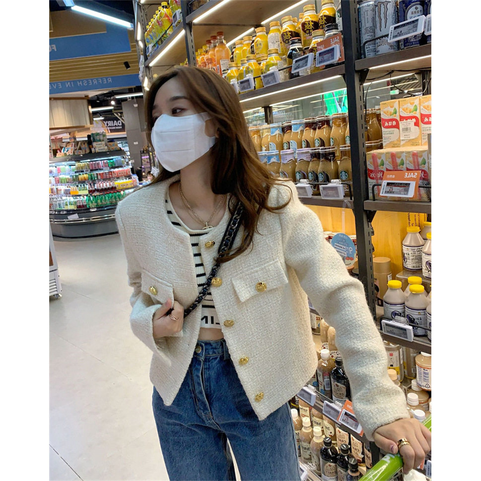 网红 2023秋冬韩版小香风单排扣米色粗花呢子羊毛外套口袋气质女