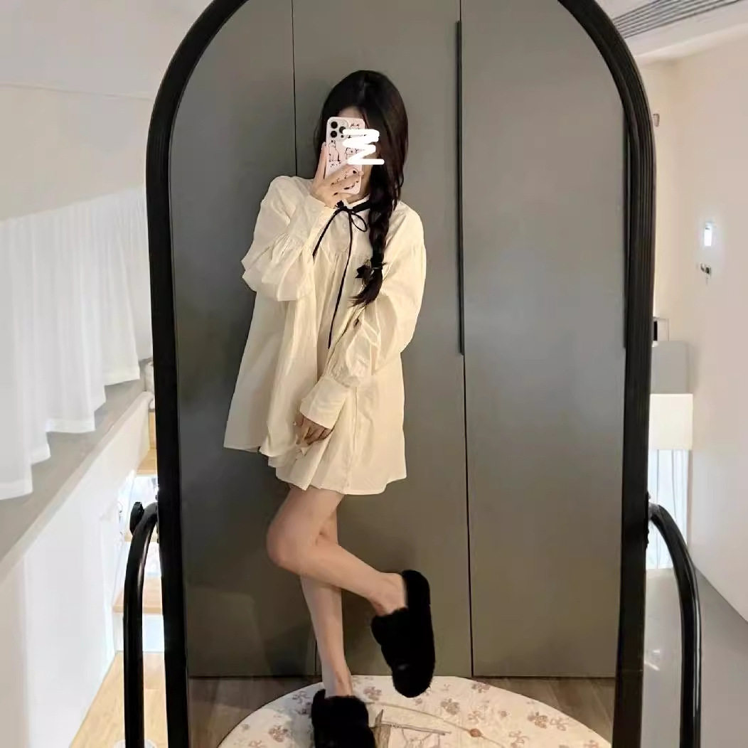 泡泡袖衬衫连衣裙女胖MM法式日系奶甜可爱小个子宽松初恋娃娃裙