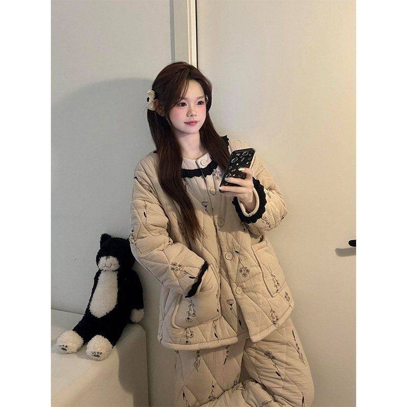 拼接高级感花卉印花少女夹棉睡衣女秋冬季新款家居服保暖套装外穿,女士内衣/男士内衣/家居服,睡衣/家居服套装,淘宝优惠券,粉丝福利购,淘宝优惠卷