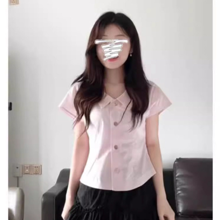2024夏季新款甜美学院风穿搭粉色短袖衬衫女小衫衬衣短款上衣