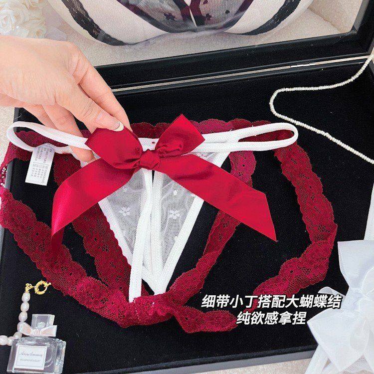透视丁字蕾丝内裤纯欲蝴蝶结薄款三角裤内裤红色女镂空女提花诱惑,女士内衣/男士内衣/家居服,平角裤,淘宝优惠券,粉丝福利购,淘宝优惠卷