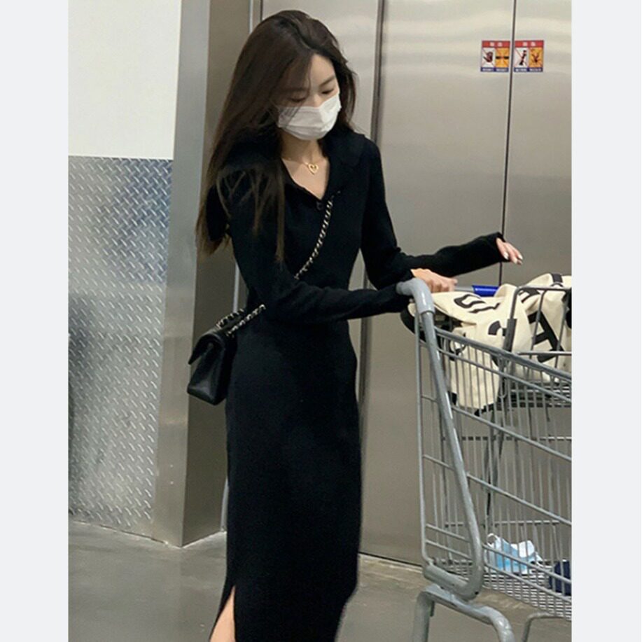 黑色v领长袖针织毛衣连衣裙女秋冬季收腰长裙裙子内搭打底配大衣