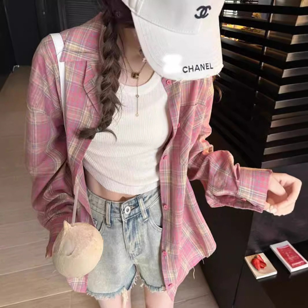 港风粉色格子衬衫上衣女夏季薄款宽松小众设计感韩系衬衣防晒上衣