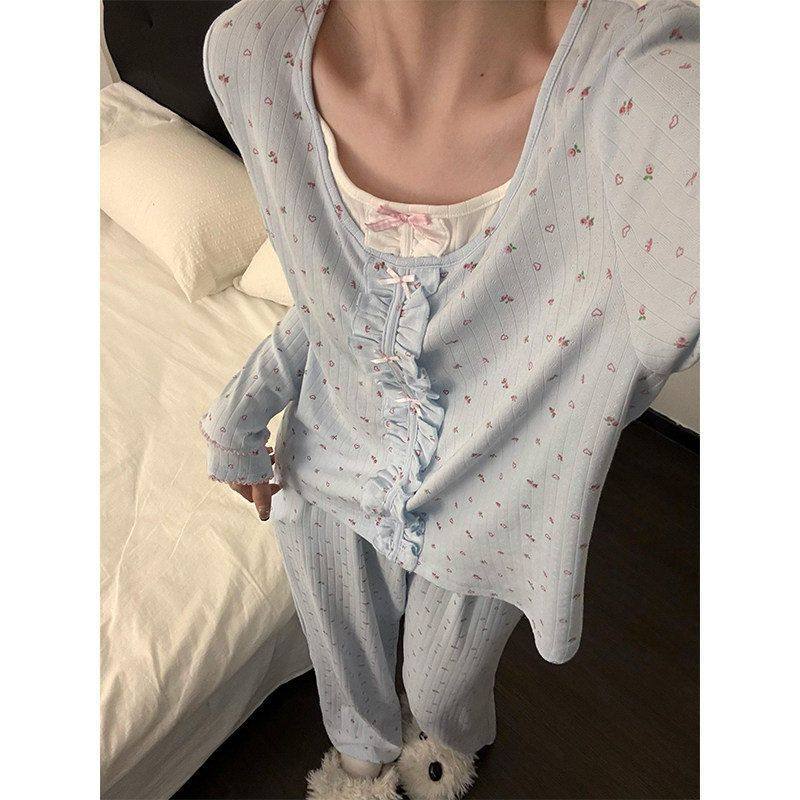 甜美小清新碎花假两件睡衣女春秋新款舒适少女大码家居服套装外穿,女士内衣/男士内衣/家居服,睡衣/家居服套装,淘宝优惠券,粉丝福利购,淘宝优惠卷