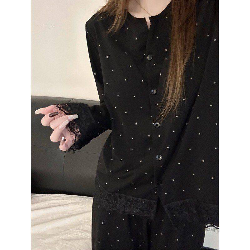 法式高级感星星印花带胸垫睡衣女春秋款蕾丝边长袖长裤家居服套装,女士内衣/男士内衣/家居服,睡衣/家居服套装,淘宝优惠券,粉丝福利购,淘宝优惠卷