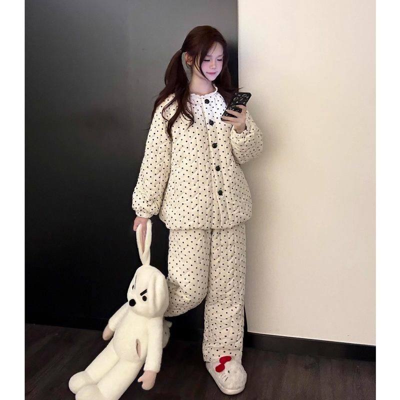 甜美少女波点夹棉家睡衣女秋冬季新款大码长袖长裤居服套装可外穿,女士内衣/男士内衣/家居服,睡衣/家居服套装,淘宝优惠券,粉丝福利购,淘宝优惠卷