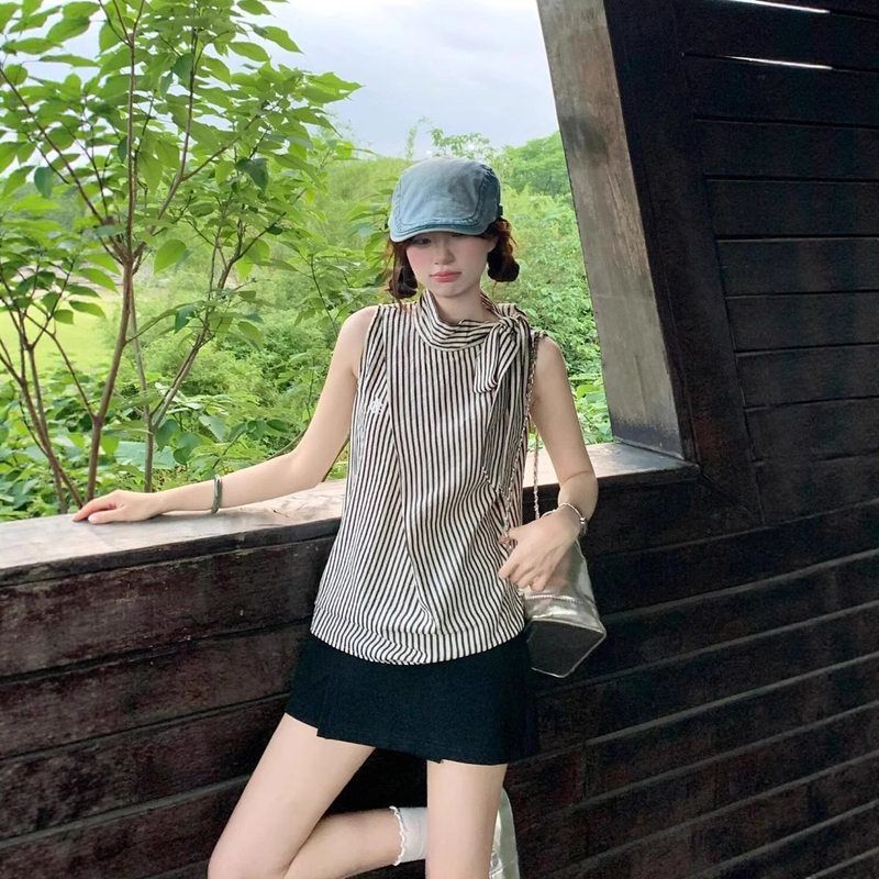 法式气质条纹蝴蝶结挂脖无袖背心上衣女a字包臀半身裙夏季两件套