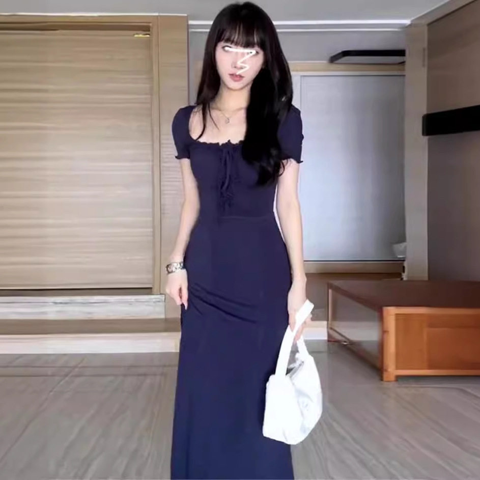 法式纯欲修身短袖连衣裙子女夏季2024新款小妈风收腰包臀鱼尾长裙
