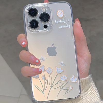 手绘郁金香适用苹果15手机壳iphone15pro新款14promax透明13mini套11por全包plus软十五pm防摔ipone12pr0女ip