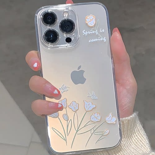 手绘郁金香适用苹果15手机壳iphone15pro新款14promax透明13mini套11por全包plus软十五pm防摔ipone12pr0女ip