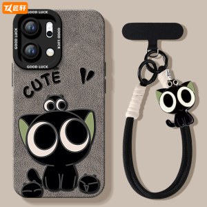 小黑猫适用oppoReno14手机壳reno13pro新款11带挂绳reno12硅胶保护7se镜头rone9外壳oppo套8全包0PP0软10