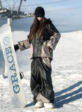 KeepMoney经典黑灰小猫滑雪服女套装单板防水加厚保暖冬季雪服男